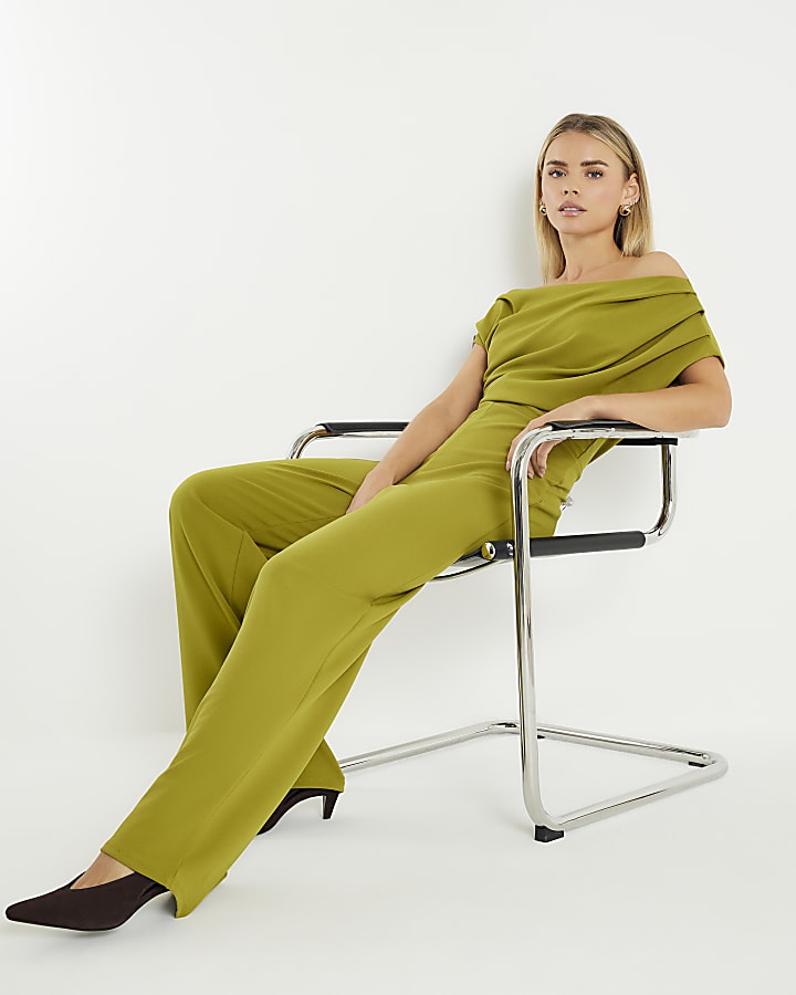 River Island Petite Green One Shoulder Draped Jumpsuit