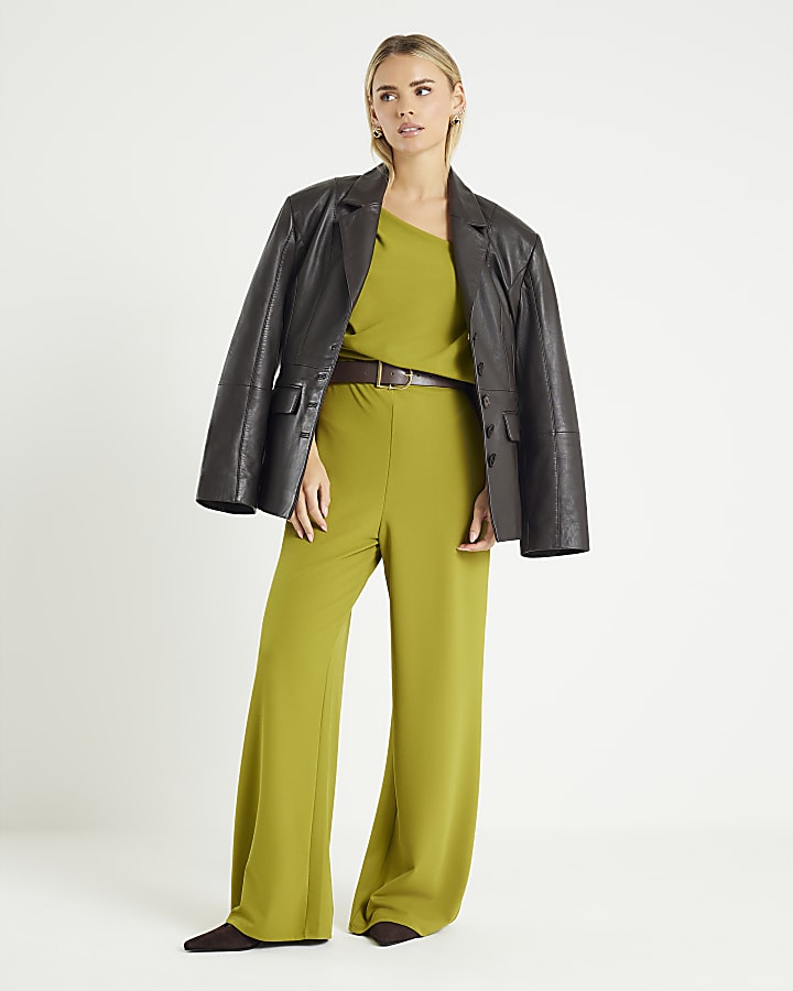 River Island Petite Green One Shoulder Draped Jumpsuit