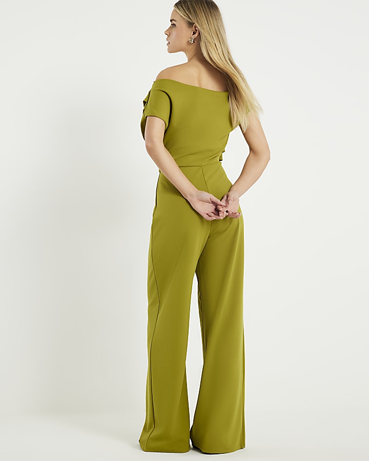 River Island Petite Green One Shoulder Draped Jumpsuit