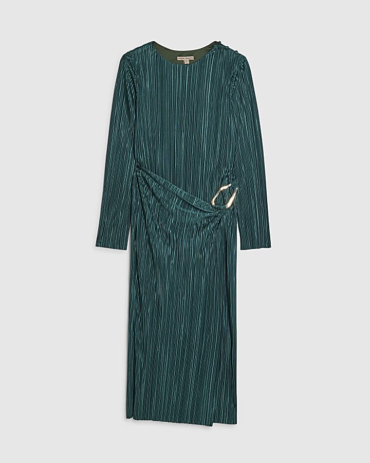 River Island Petite Green Plisse Buckle Detail Midi Dress