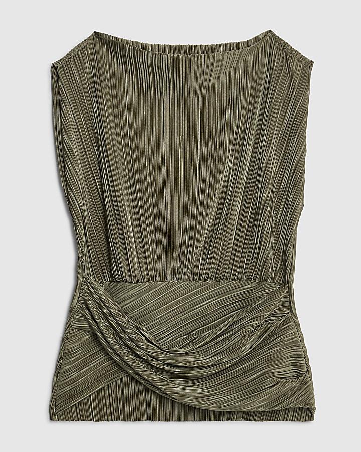 River Island Petite Green Plisse Sleeveless Wrap Top