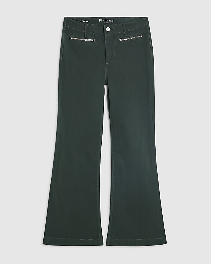 river island Petite Green Zip Front Relaxed Flare Jeans