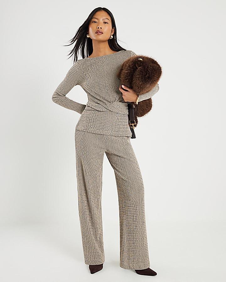 River Island Petite Grey Textured Wide Leg Trousers