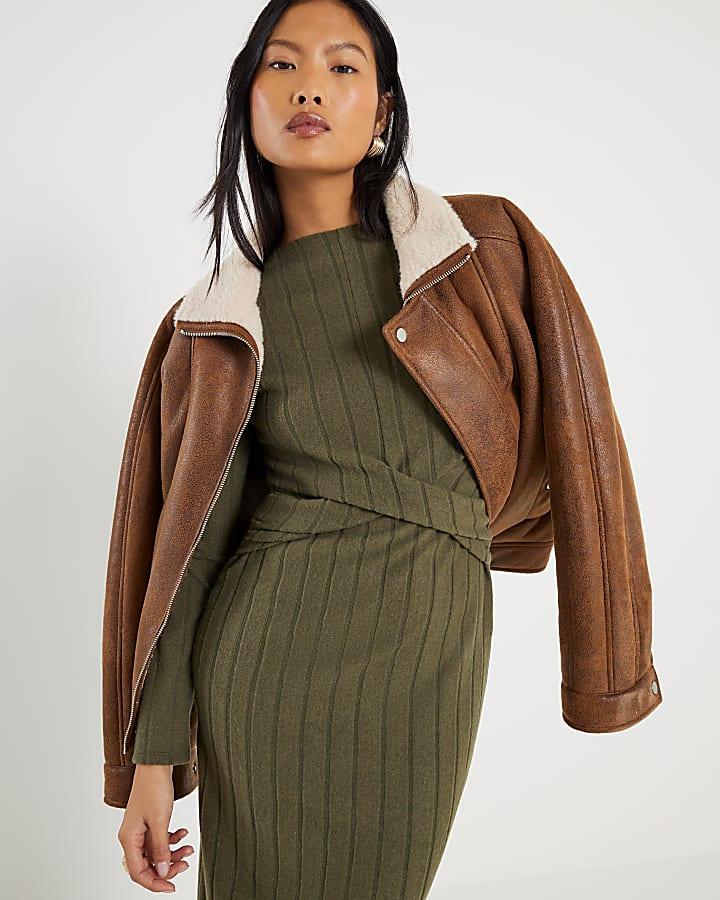 River Island Petite Khaki Long Sleeve Cosy Midi Dress