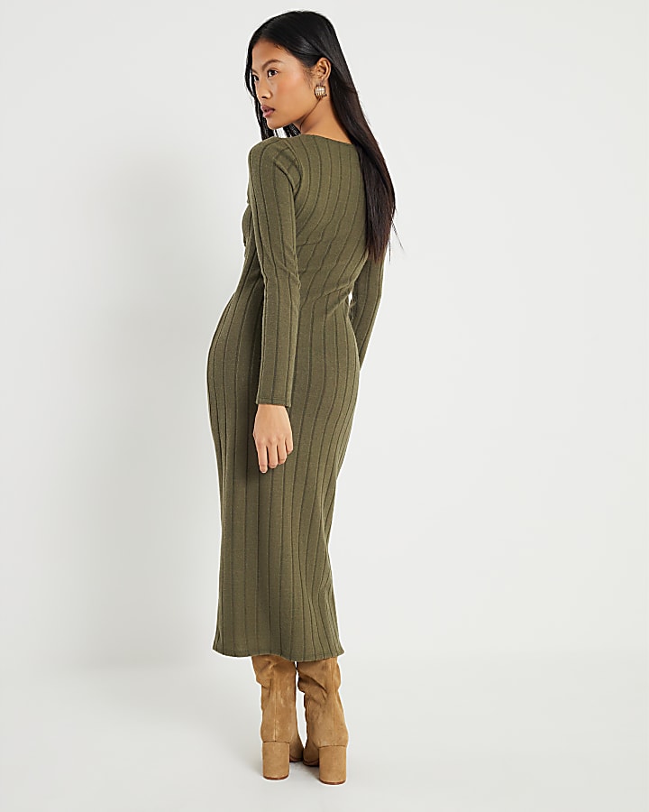 River Island Petite Khaki Long Sleeve Cosy Midi Dress