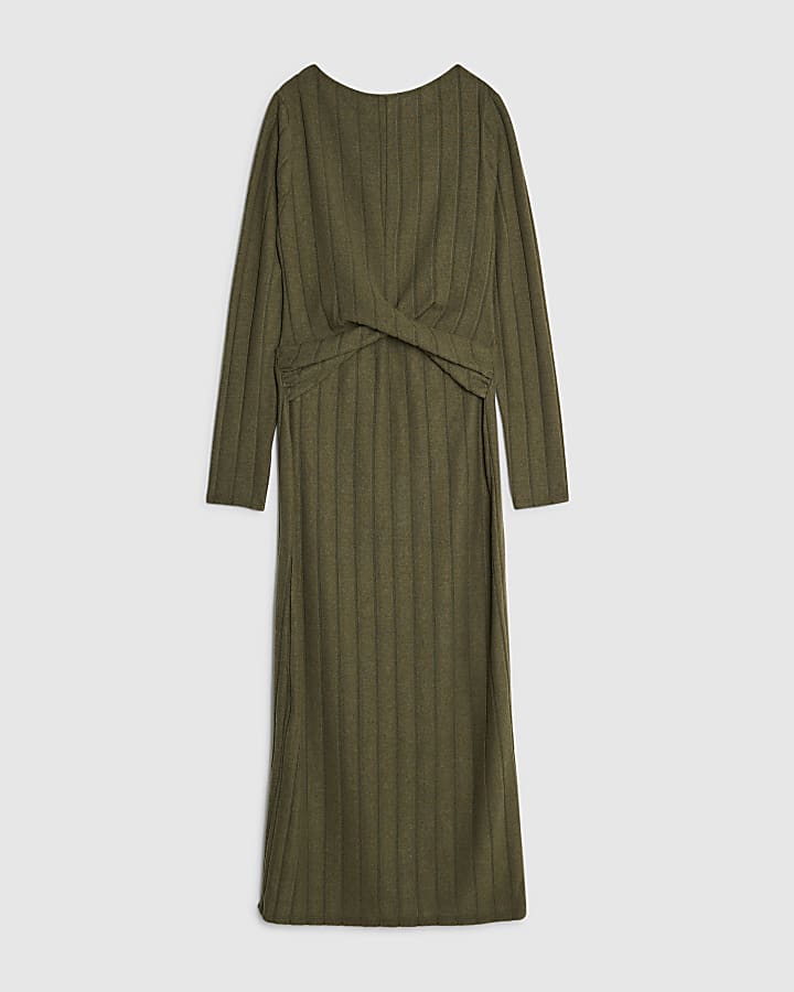 river island Petite Khaki Long Sleeve Cosy Midi Dress