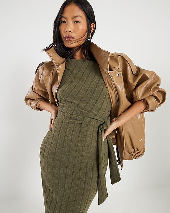 River Island Petite Khaki Short Sleeve Ribbed Cosy Dress