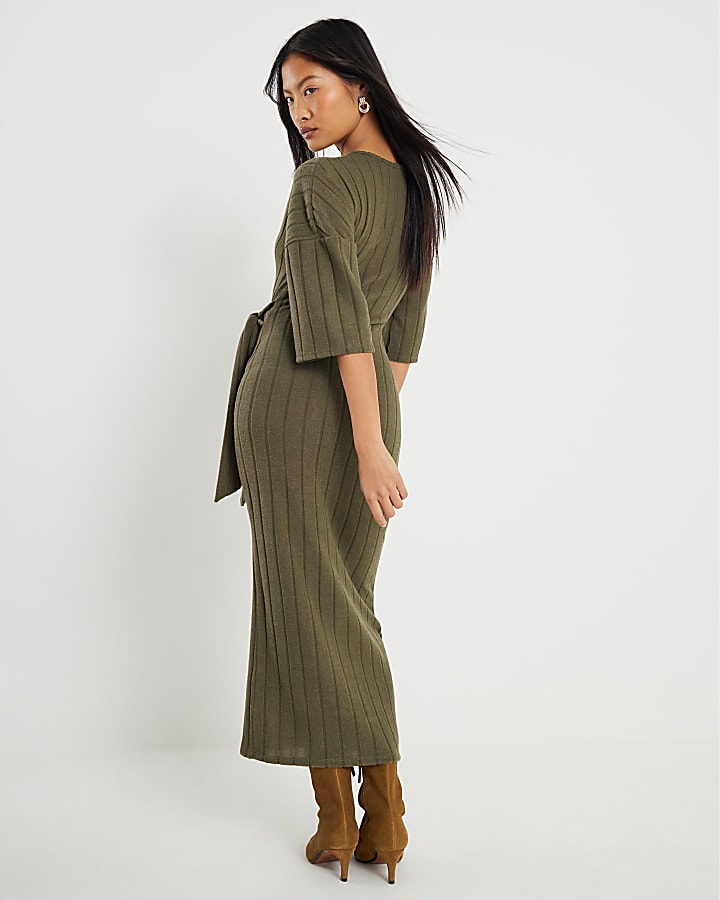 River Island Petite Khaki Short Sleeve Ribbed Cosy Dress
