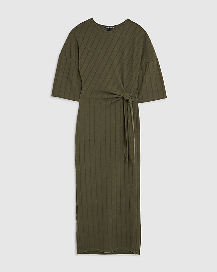 river island Petite Khaki Short Sleeve Ribbed Cosy Dress