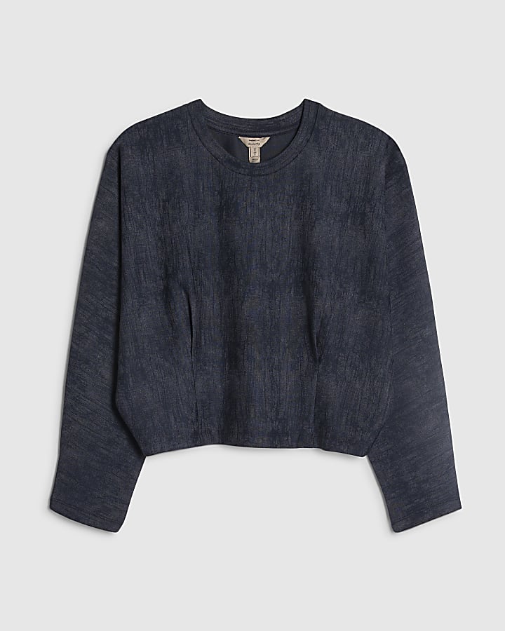 river island Petite Navy Premium Crinkle Batwing Top