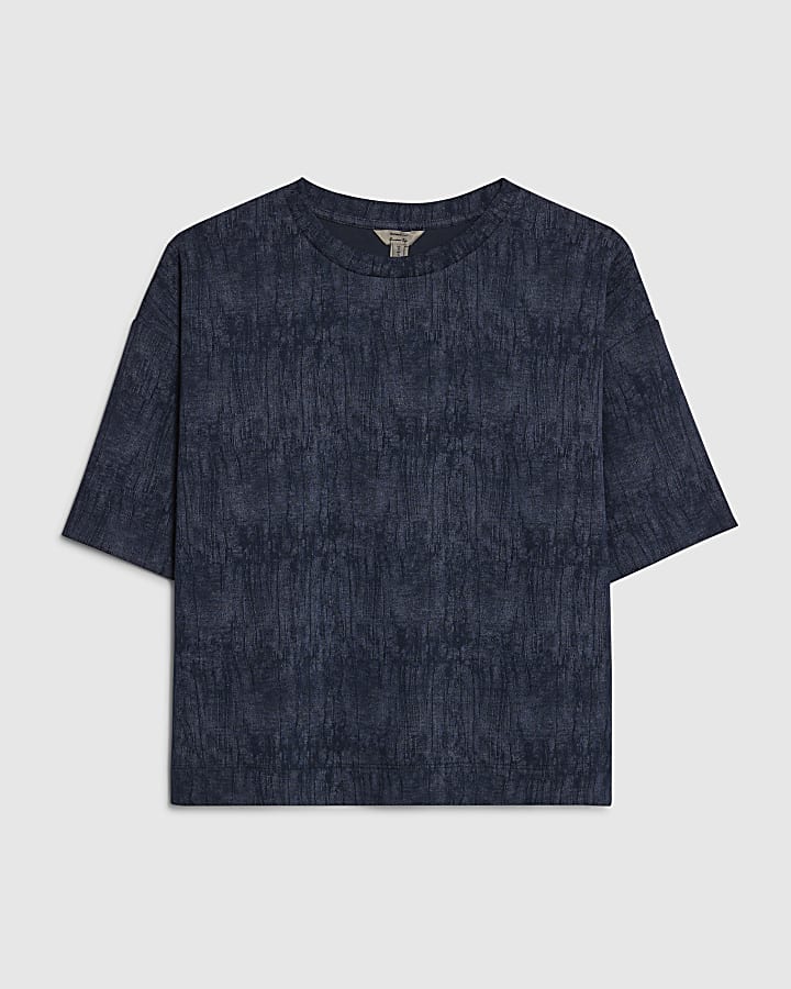 river island Petite Navy Premium Crinkle Boxy T-Shirt