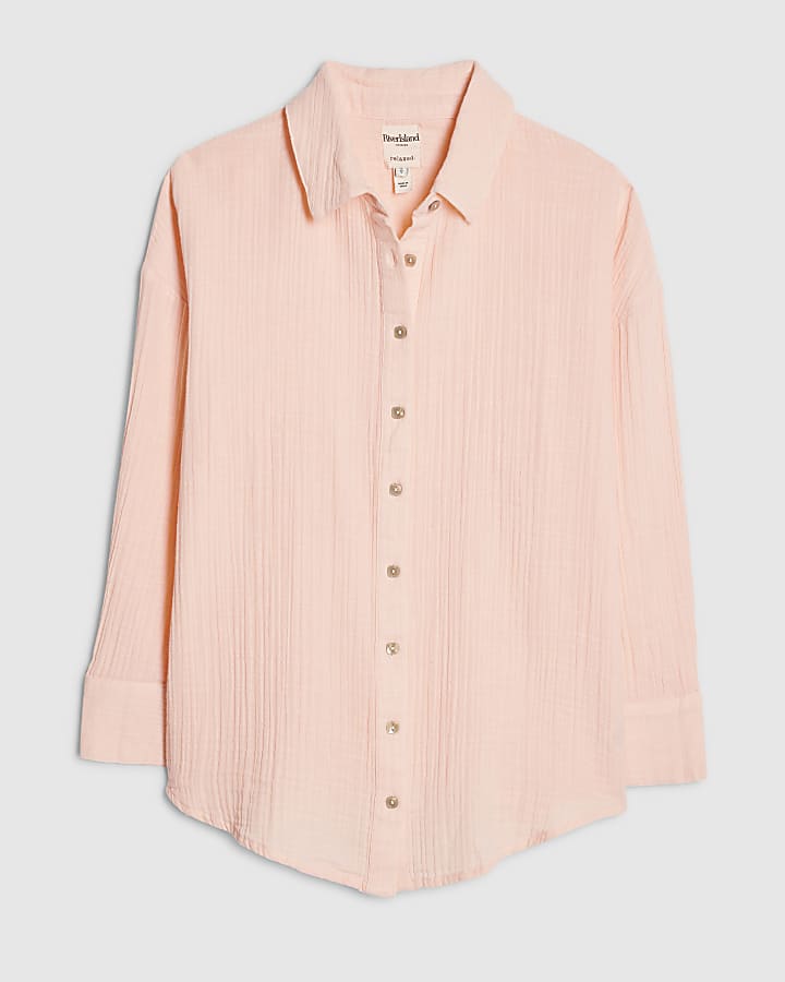 River Island Petite Pink Crinkle Long Sleeve Beach Shirt