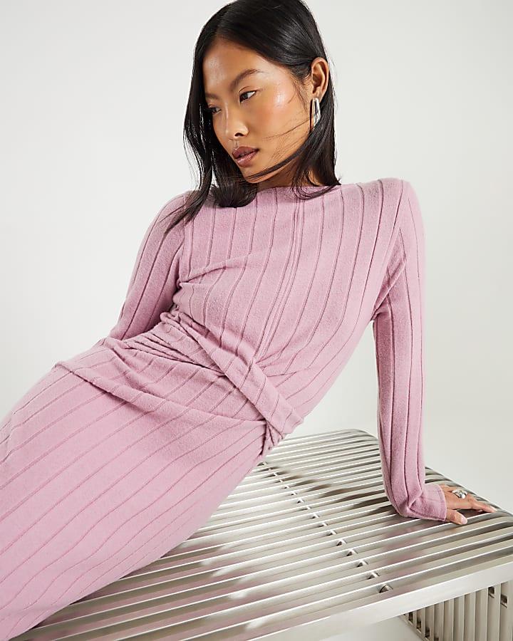 River Island Petite Pink Long Sleeve Cosy Twist Midi Dress
