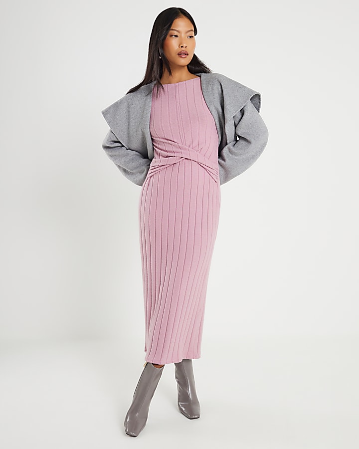 River Island Petite Pink Long Sleeve Cosy Twist Midi Dress