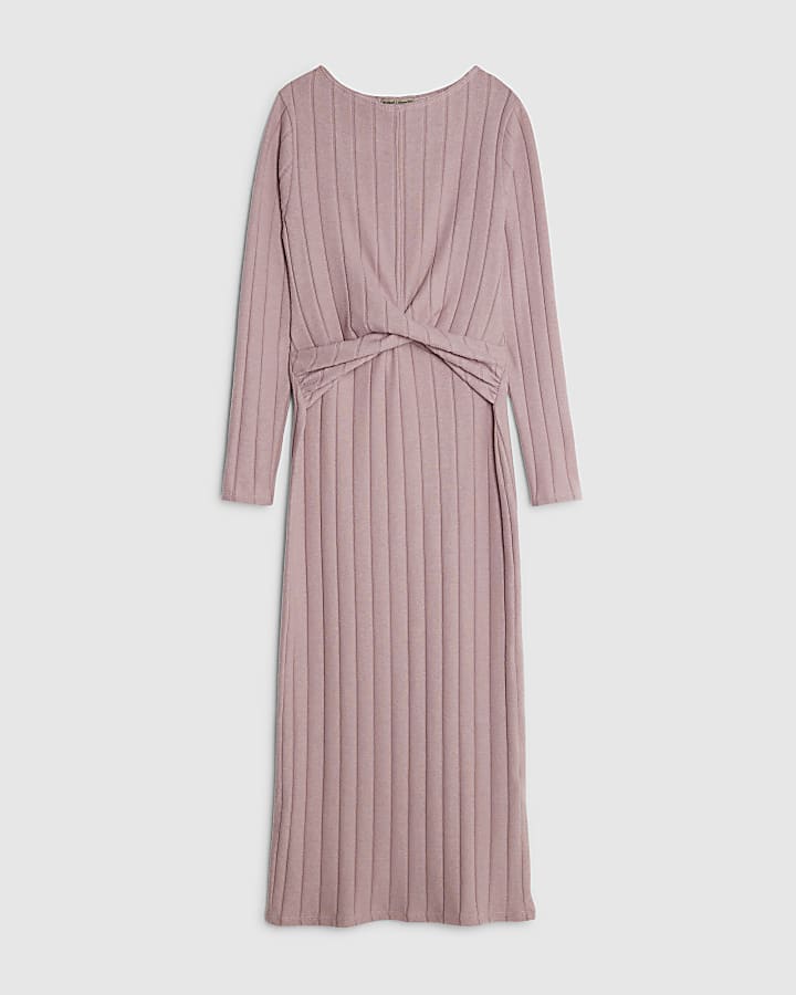 river island Petite Pink Long Sleeve Cosy Twist Midi Dress