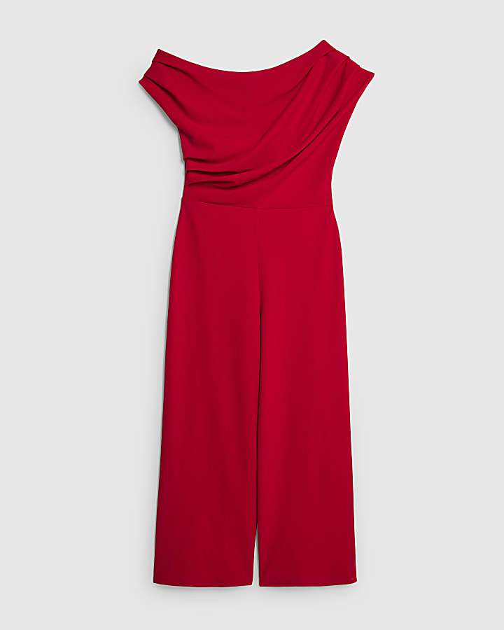 river island Petite Red One Shoulder Drape Jumpsuit