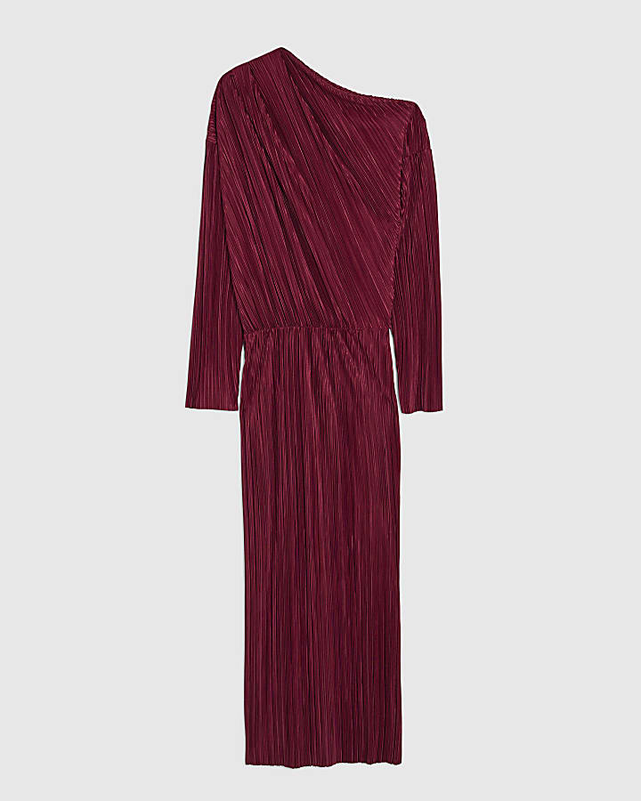river island Petite Red Plisse Asymmetric Drape Midi Dress