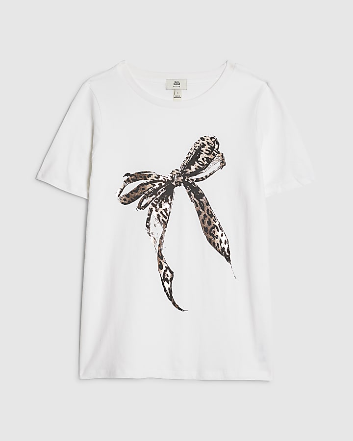 river island Petite White Leopard Print Bow T-shirt