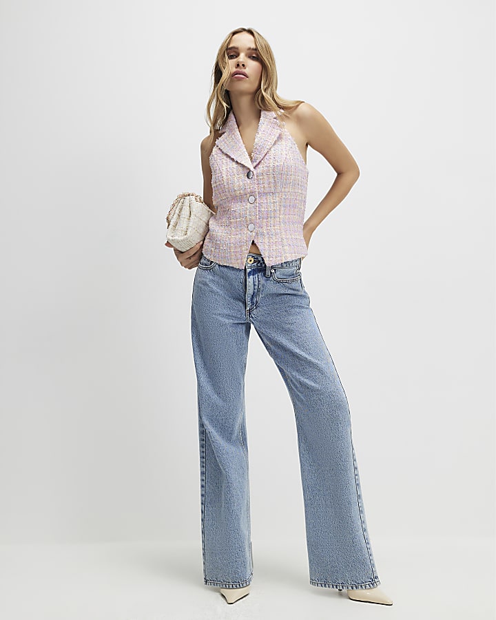 River Island Pink Boucle Collared Halter Neck Waistcoat