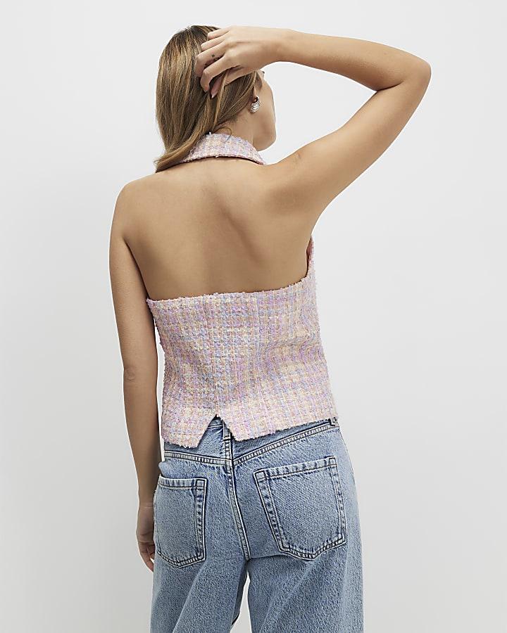 River Island Pink Boucle Collared Halter Neck Waistcoat