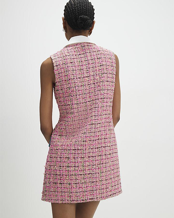 river island Pink Collared Boucle Whipstitch Mini Dress