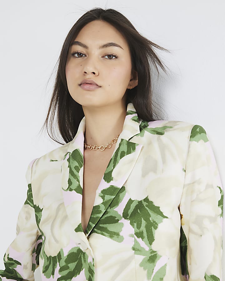 River Island Pink Cropped Floral Print Boxy Fit Blazer