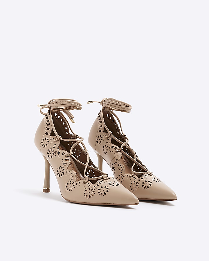River Island Pink Cut Out Lace Up Heeled Court Shoes