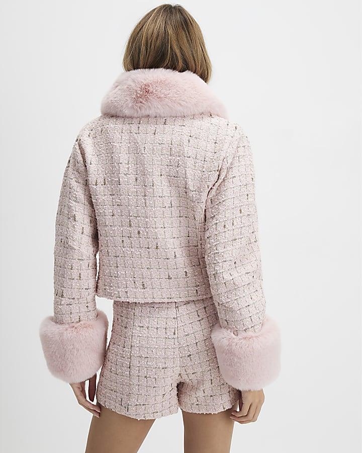 River Island Pink Faux Fur Collar Boucle Cropped Jacket