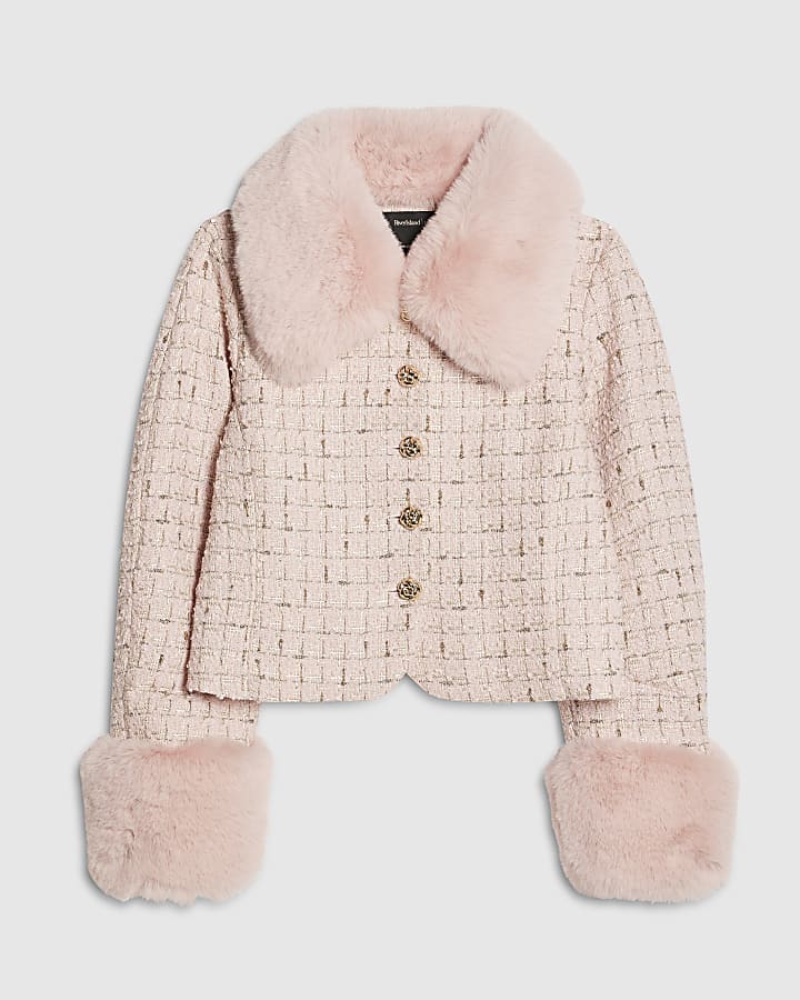 river island Pink Faux Fur Collar Boucle Cropped Jacket