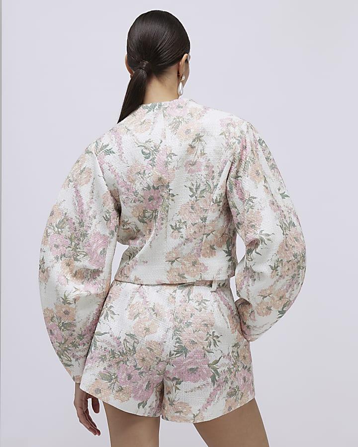 River Island Pink Floral Cocoon Sleeve Boucle Jacket