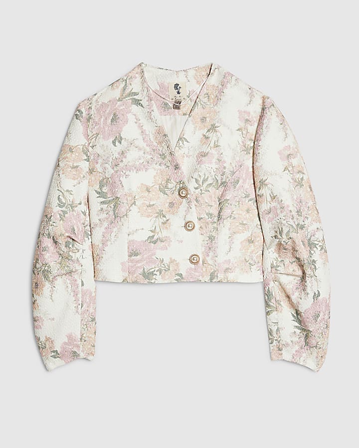 river island Pink Floral Cocoon Sleeve Boucle Jacket