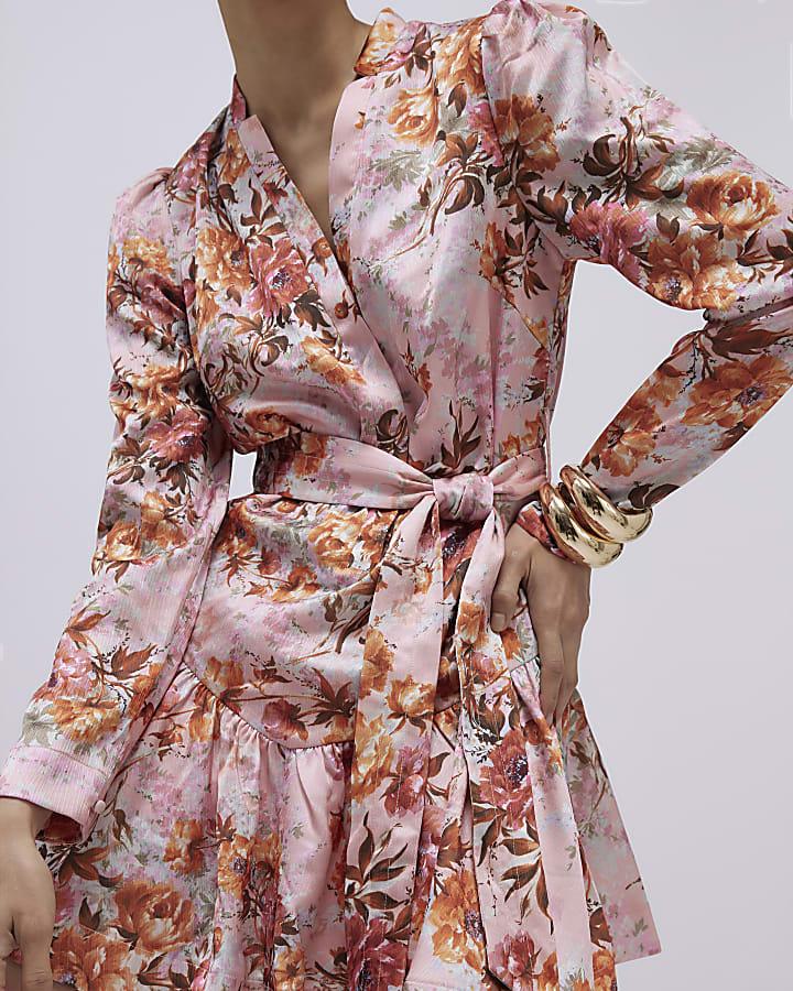 River Island Pink Floral Satin Belted Mini Shirt Dress