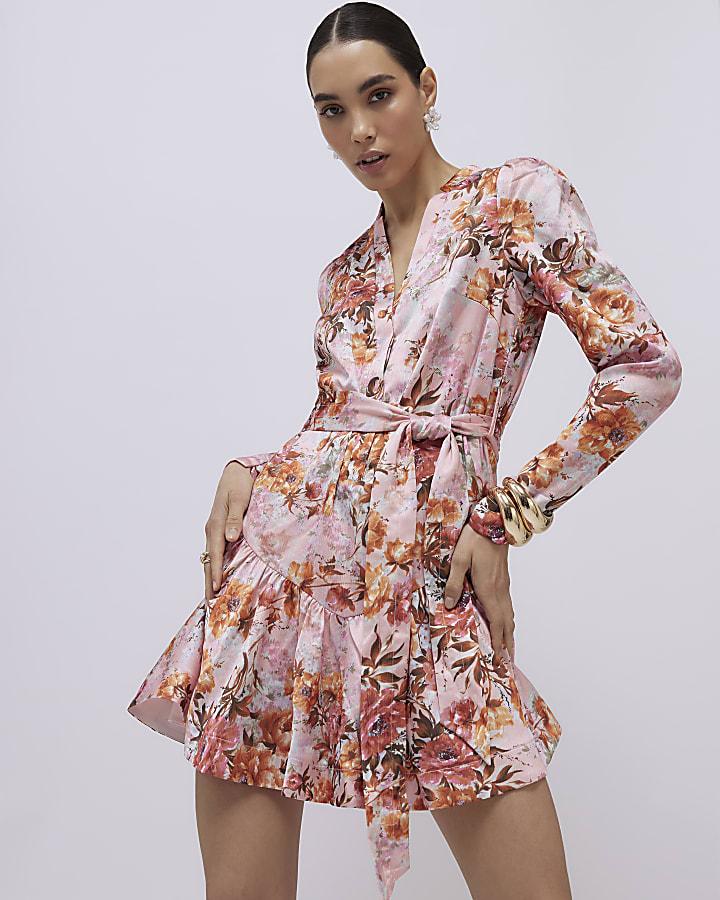 River Island Pink Floral Satin Belted Mini Shirt Dress