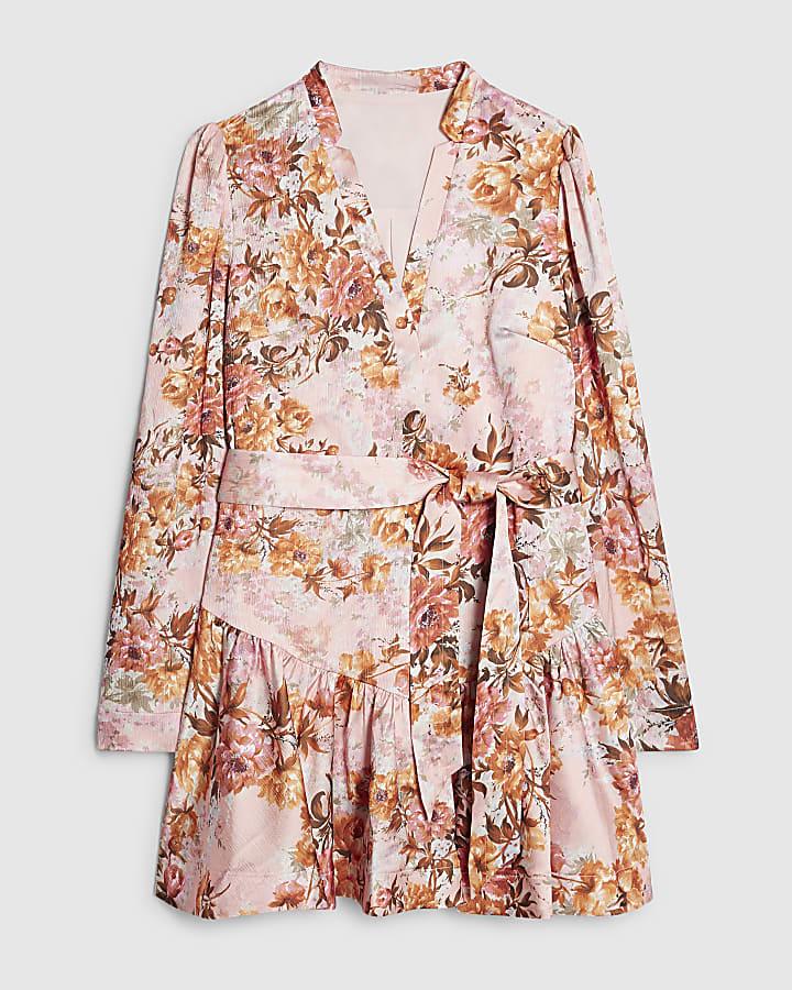 river island Pink Floral Satin Belted Mini Shirt Dress
