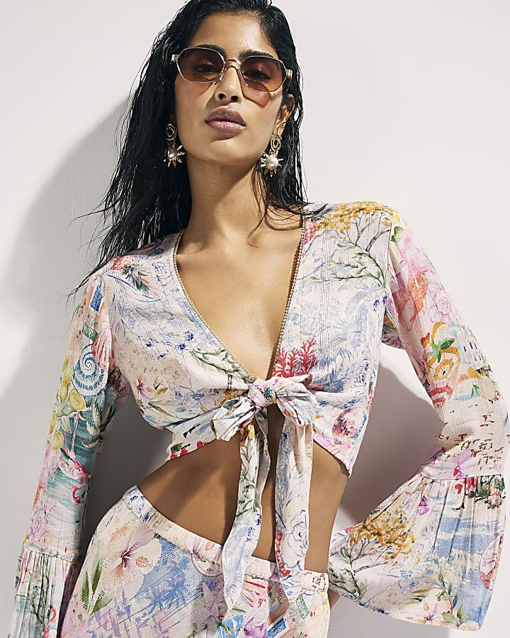 River Island Pink Graphic Print Tie Front Beach Top