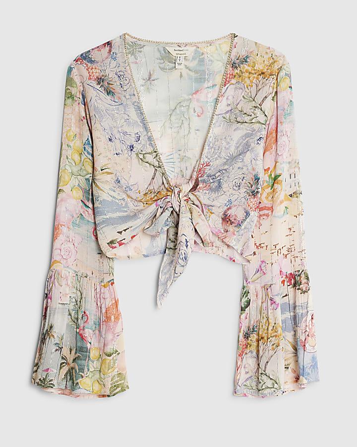 river island Pink Graphic Print Tie Front Beach Top