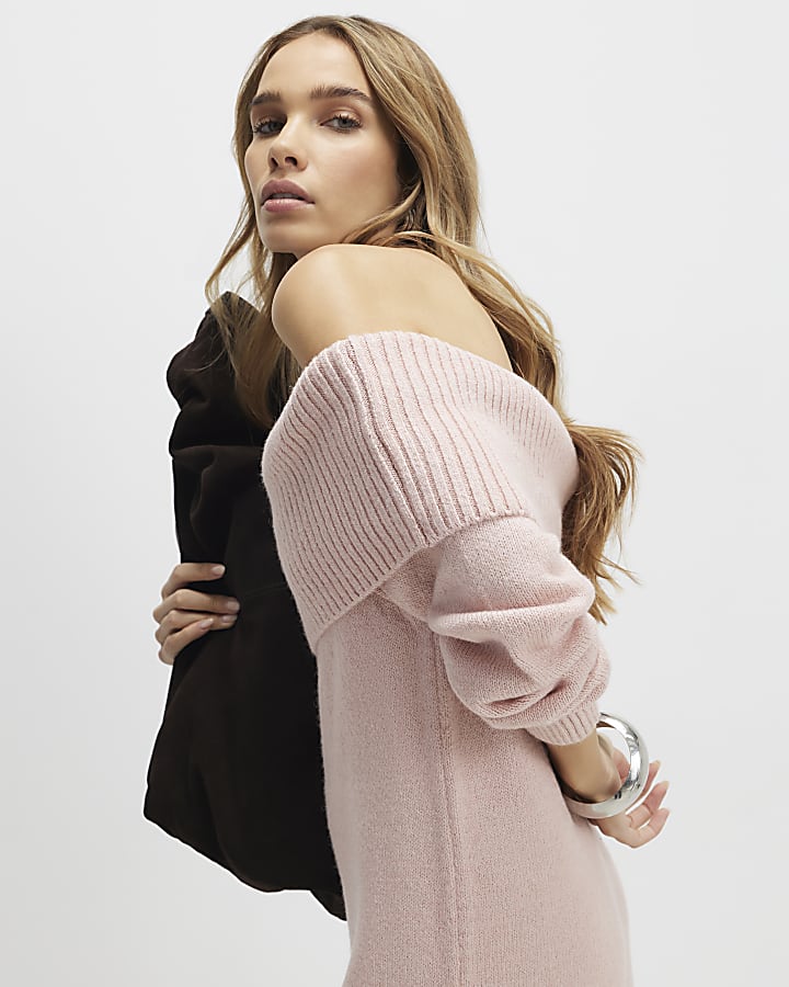 River Island Pink Knitted Long Sleeve Bardot Midi Dress
