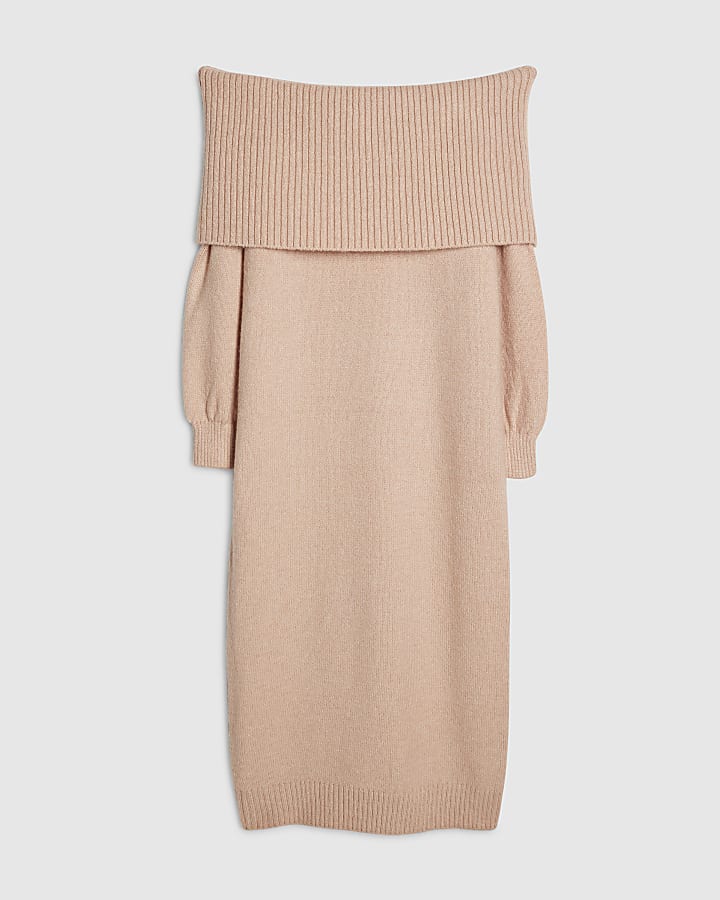river island Pink Knitted Long Sleeve Bardot Midi Dress