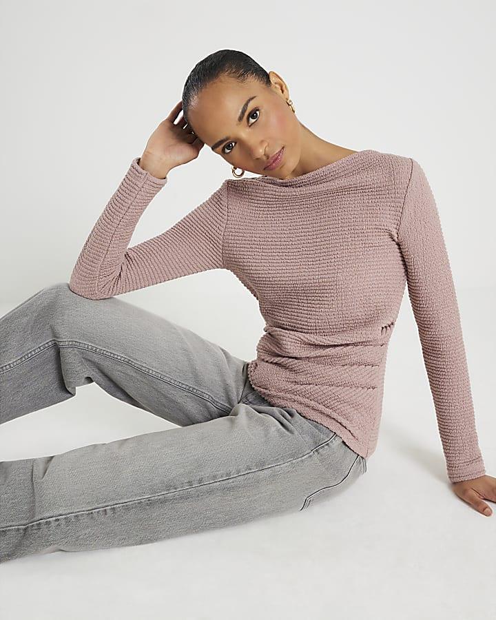 River Island Pink Long Sleeve Waffle Textured Drape Top