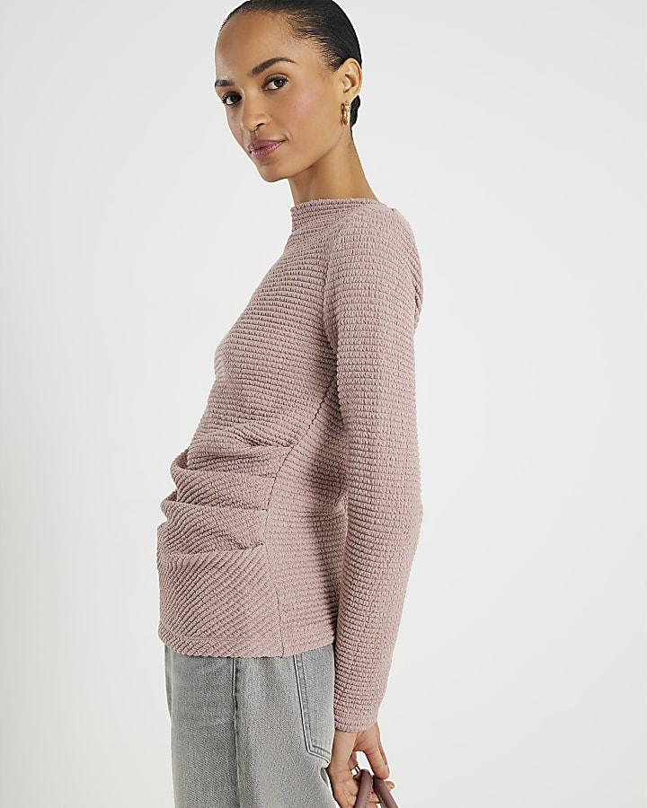 River Island Pink Long Sleeve Waffle Textured Drape Top