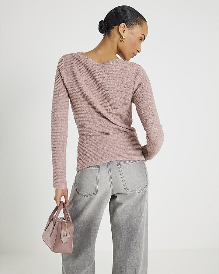 River Island Pink Long Sleeve Waffle Textured Drape Top