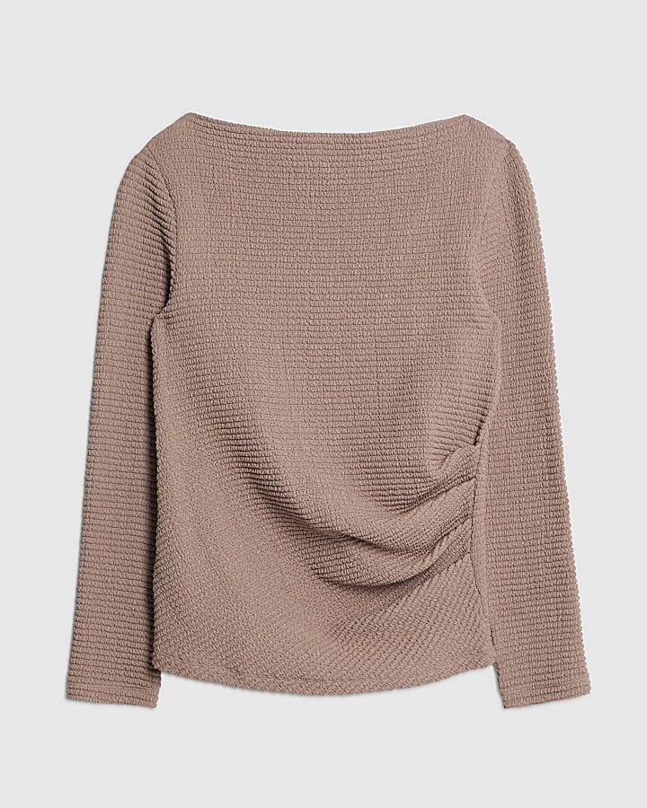 river island Pink Long Sleeve Waffle Textured Drape Top