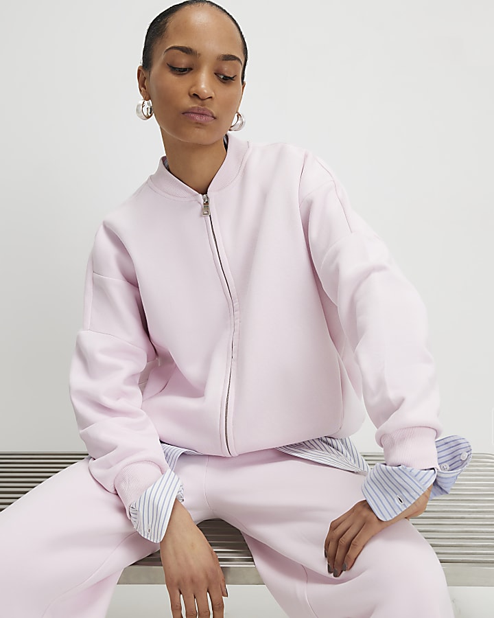 River Island Pink Long Sleeve Zip Up Bomber Sweatshirt