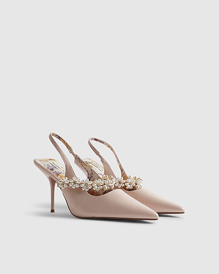 River Island Pink Pearl Flower Slingback Court Heels