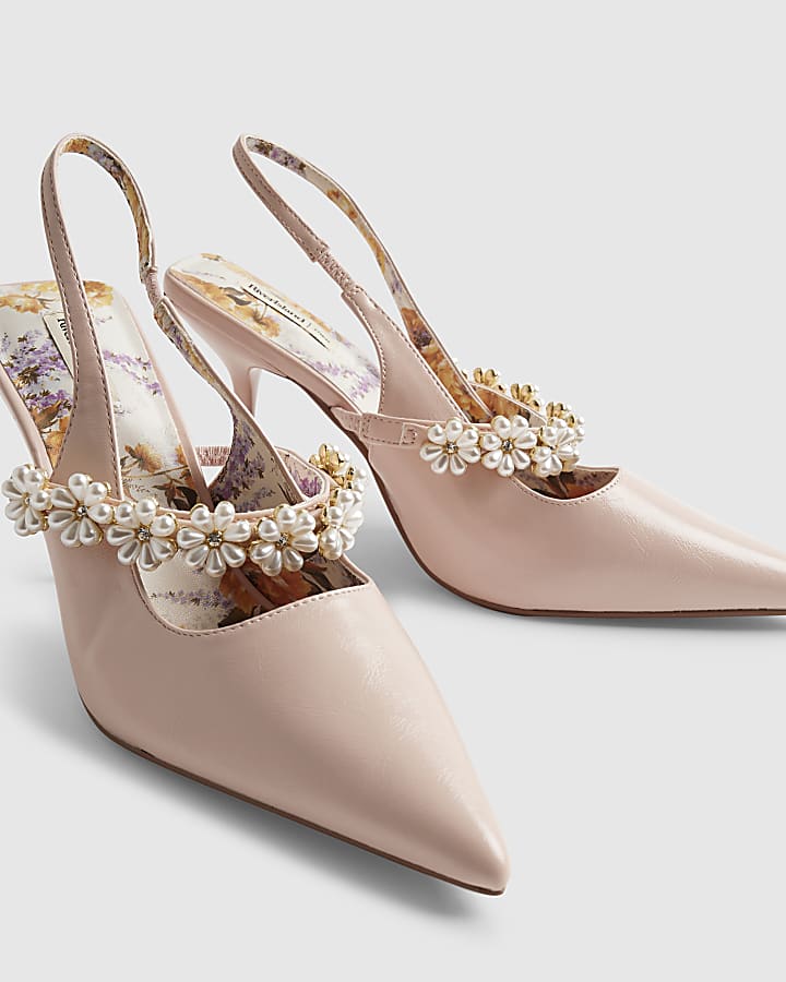 River Island Pink Pearl Flower Slingback Court Heels