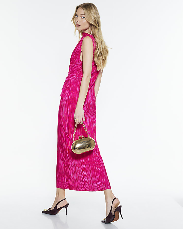 River Island Pink Plisse Sleeveless Wrap Waist Midi Dress