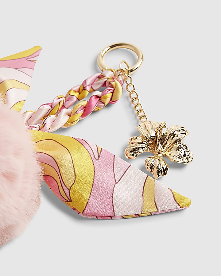 River Island Pink Pom Pom Plaited Scarf Flower Bag Charm