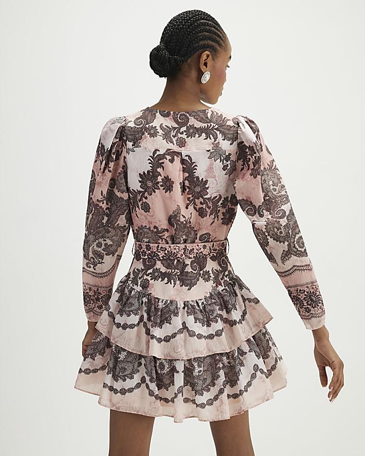 River Island Pink Printed Long Sleeve Belted Mini Dress
