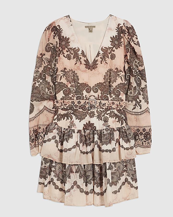 river island Pink Printed Long Sleeve Belted Mini Dress