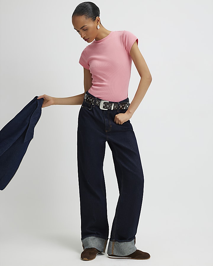 River Island Pink Short Sleeve Fitted Ribbed T-shirt